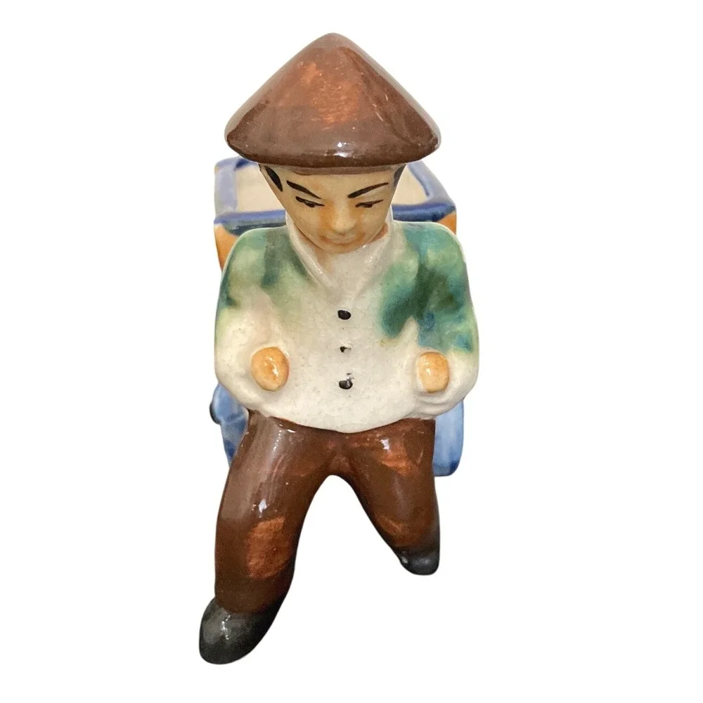Vintage Occupied Japan Ceramic Planter Figurine Man‎ Pulling Rickshaw/Cart